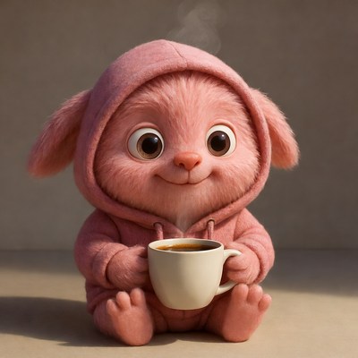 Cute pink bunny drinking coffee