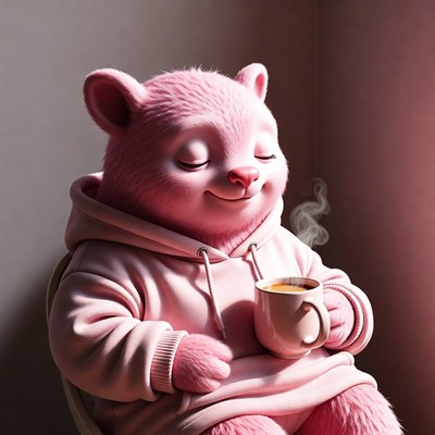 Pink bear drinking coffee