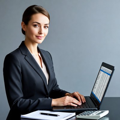 Woman working on laptop with calculator