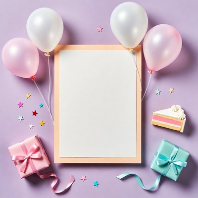 Blank Frame with Balloons and Cake
