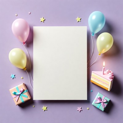 Blank Card with Birthday Balloons Cake
