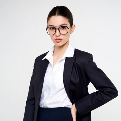 Young woman in black blazer and glasses