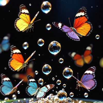 Colorful Butterflies Flying with Bubbles