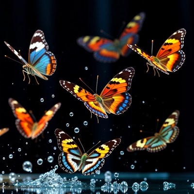 Colorful Butterflies Flying Over Water Splashes
