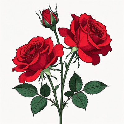 Red Roses Illustration with Bud