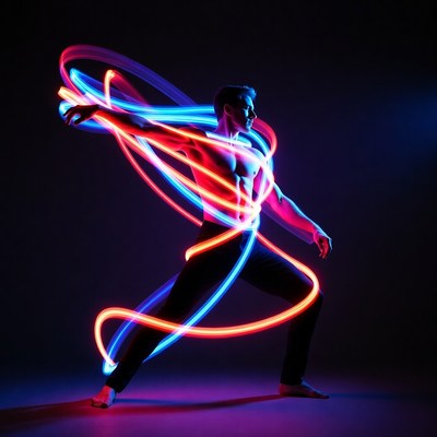 Man wielding neon light trails