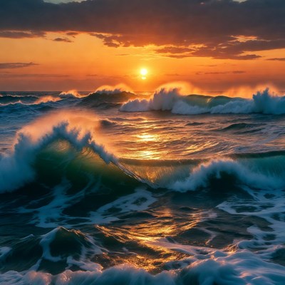 Sunset Over Crashing Ocean Waves