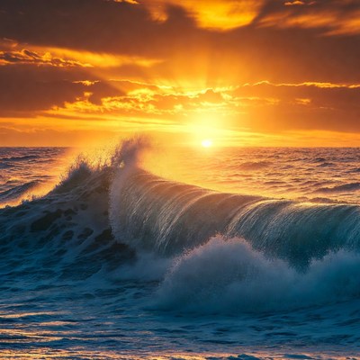 Ocean Wave Crashing at Sunset