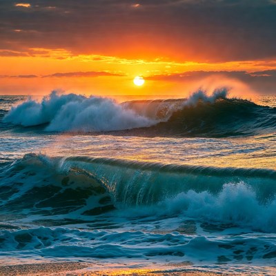 Ocean Waves Crashing at Sunset