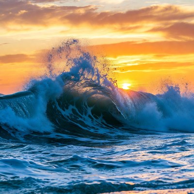 Massive Wave Crashing at Sunset