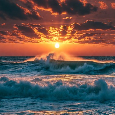 Dramatic Sunset Over Crashing Ocean Waves