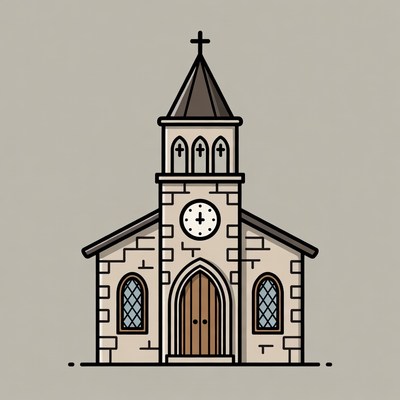 Line Art Church with Clock Tower