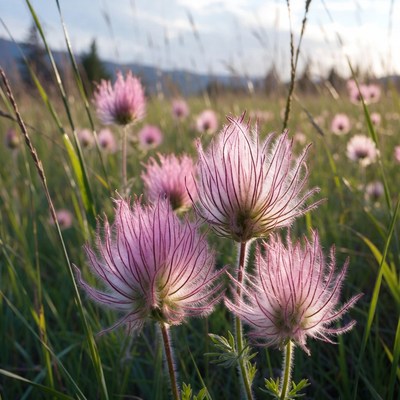 Pink Fluffy Thistle Flowers in Grass