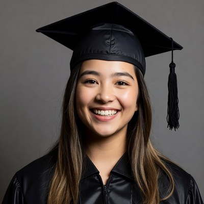 Asian girl smiling in graduation cap and gown