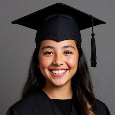 Smiling Latina girl in graduation cap and gown