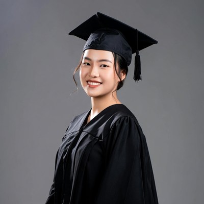 Asian woman in graduation gown