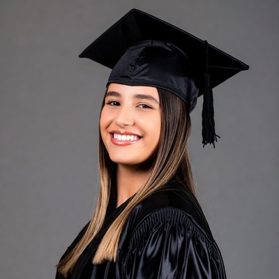 Smiling Latina woman in graduation gown
