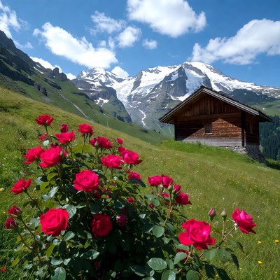 Red Roses and Chalet in Alpine Mountains