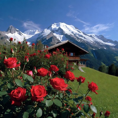 Red Roses by Chalet with Snowy Mountains