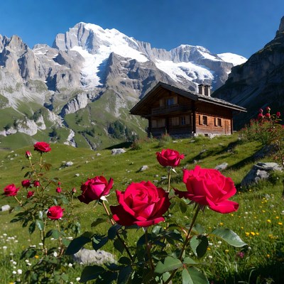Chalet with red roses and snowy mountains