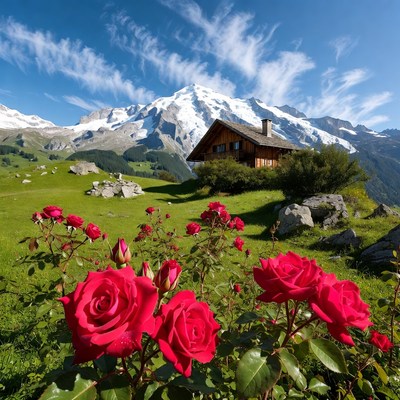 Chalet with red roses and Matterhorn
