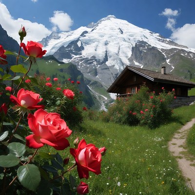 Red Roses with Snowy Mountain Chalet