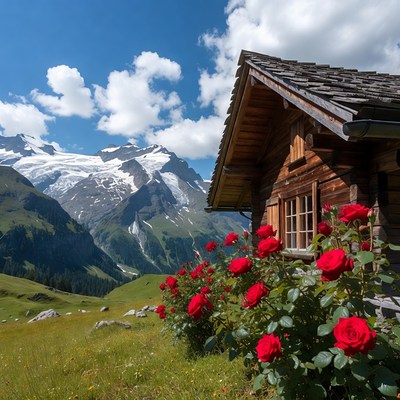 Chalet with red roses and snowy mountains