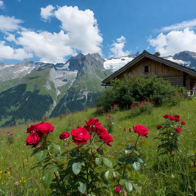 Red Roses and Chalet in Alpine Mountains