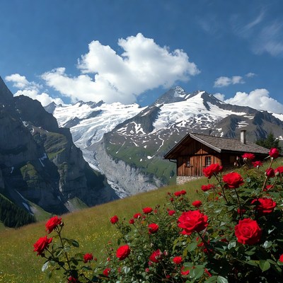 Chalet with red roses and snowy mountains
