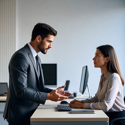 Businessman gesturing to woman at office desk