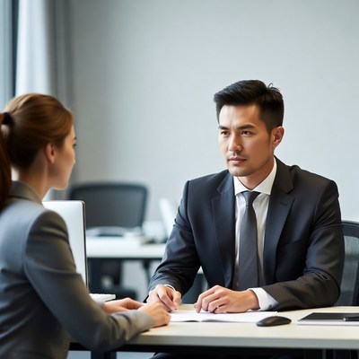 Asian businesswoman interviewing Asian businessman