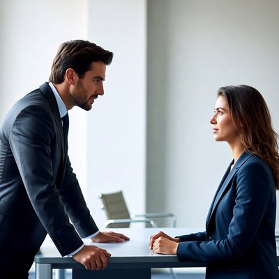 Businessman and woman talking at office desk