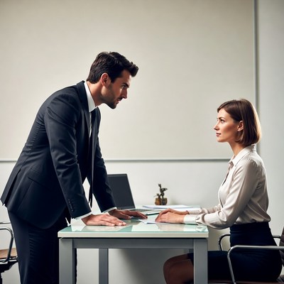 Man leaning over woman at office desk