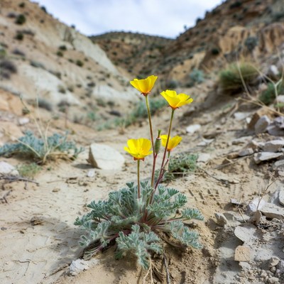 Yellow desert flowers in rocky canyon