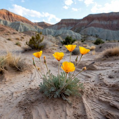 California Poppies in Desert Badlands