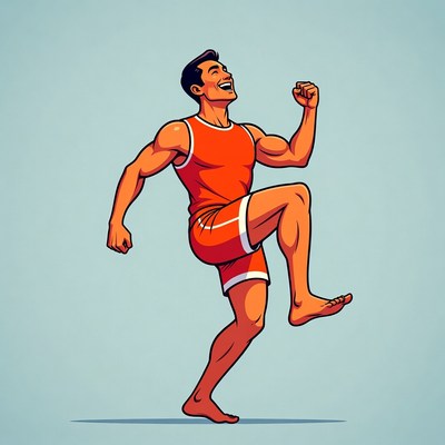 Muscular man jumping victoriously in singlet