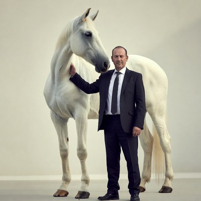 Man standing with white horse