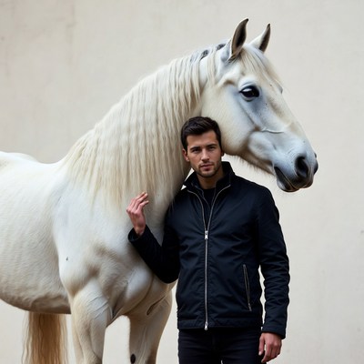 Man embracing white horse