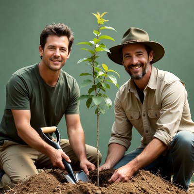 Two men planting young tree