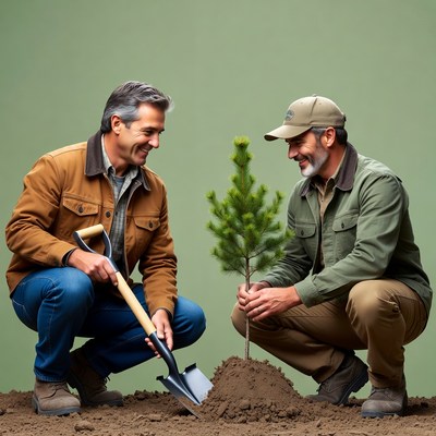 Two men planting young pine tree
