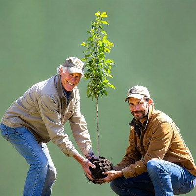 Two men planting young tree