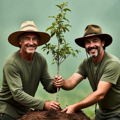 Two men planting young tree