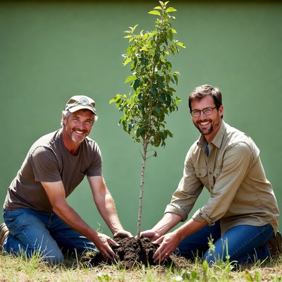 Two men planting young tree