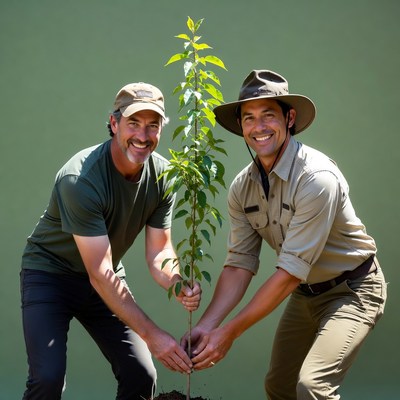Two men planting young tree