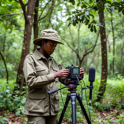 African woman operating camera in jungle