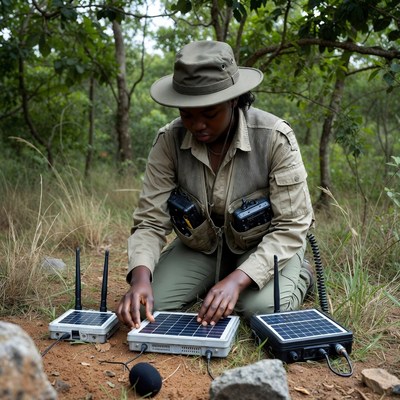 African woman setting up solar panels in forest