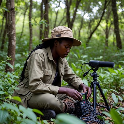 African woman adjusting microphone in forest