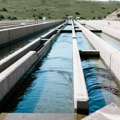Concrete irrigation channels in green hills