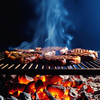 Grilled steaks on barbecue grill