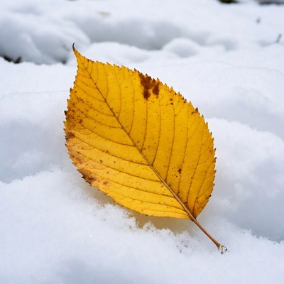 Yellow autumn leaf on snow